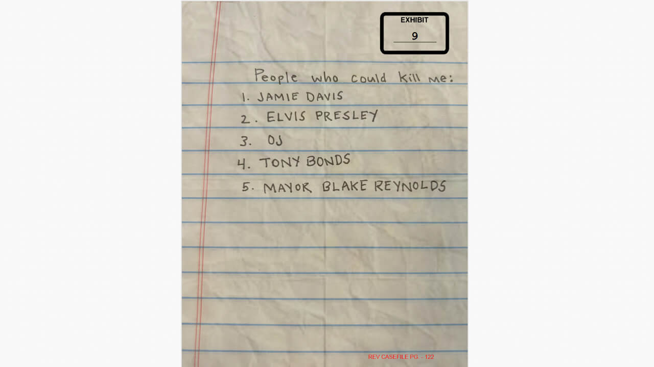 a written list titled "people who could kill me"