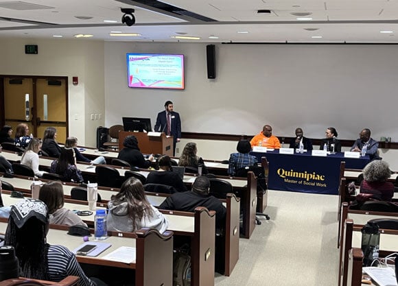 Students listening in on Social Work panel in Quinnipiac School of Health Sciences