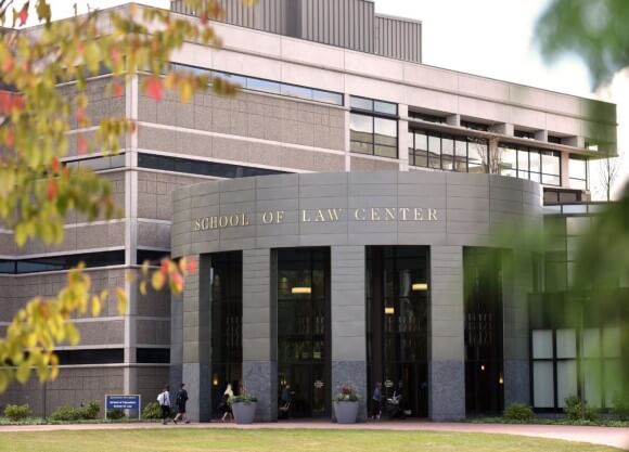 exterior of the School of Law Center during Fall