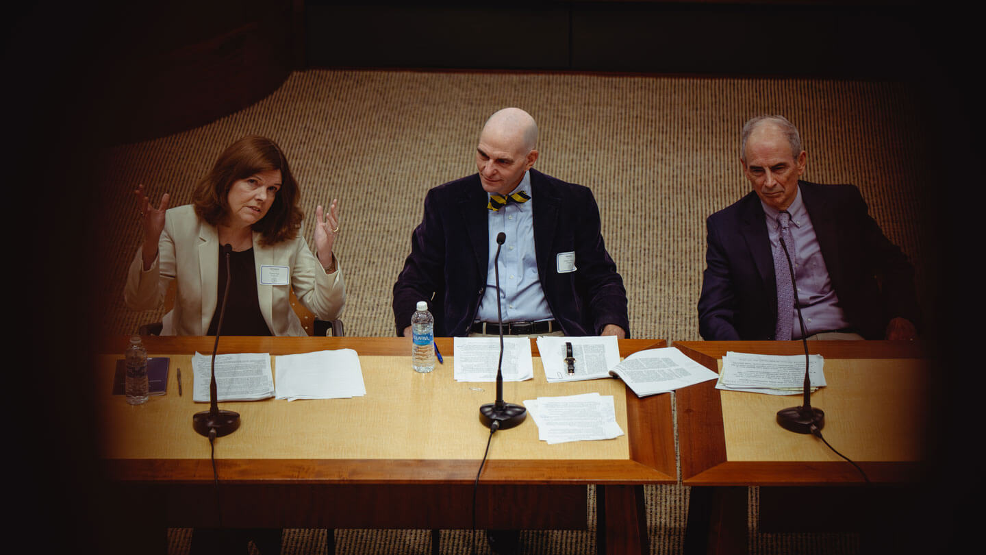 A panel discussion at the Quinnipiac University Ceremonial Courtroom.