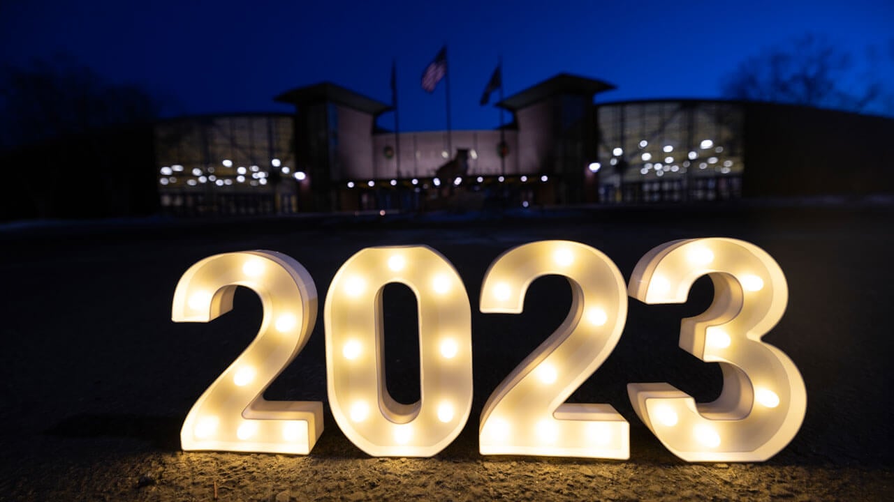 The numbers 2023 are glowing in front of the M&T Bank Arena.