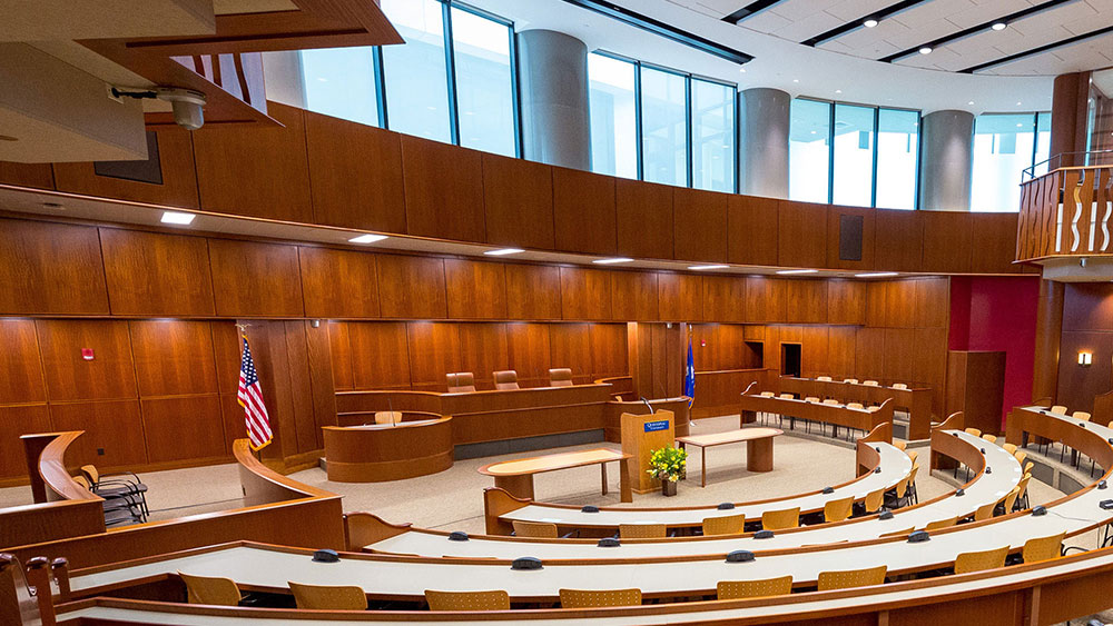 Shot of the inside of the ceremonial courtroom in the School of Law Center
