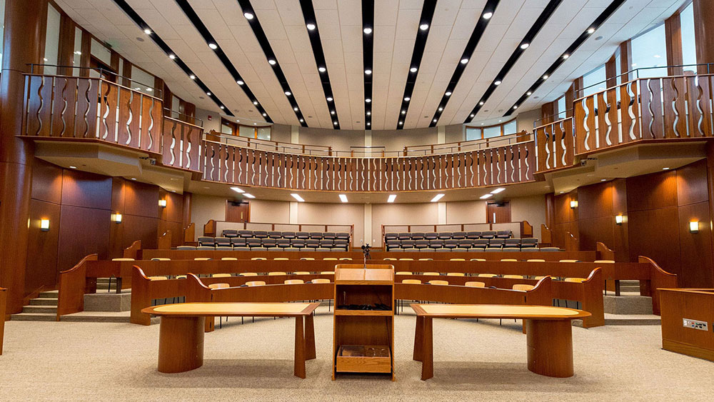 Shot of the benches and audience seating in the ceremonial courtroom
