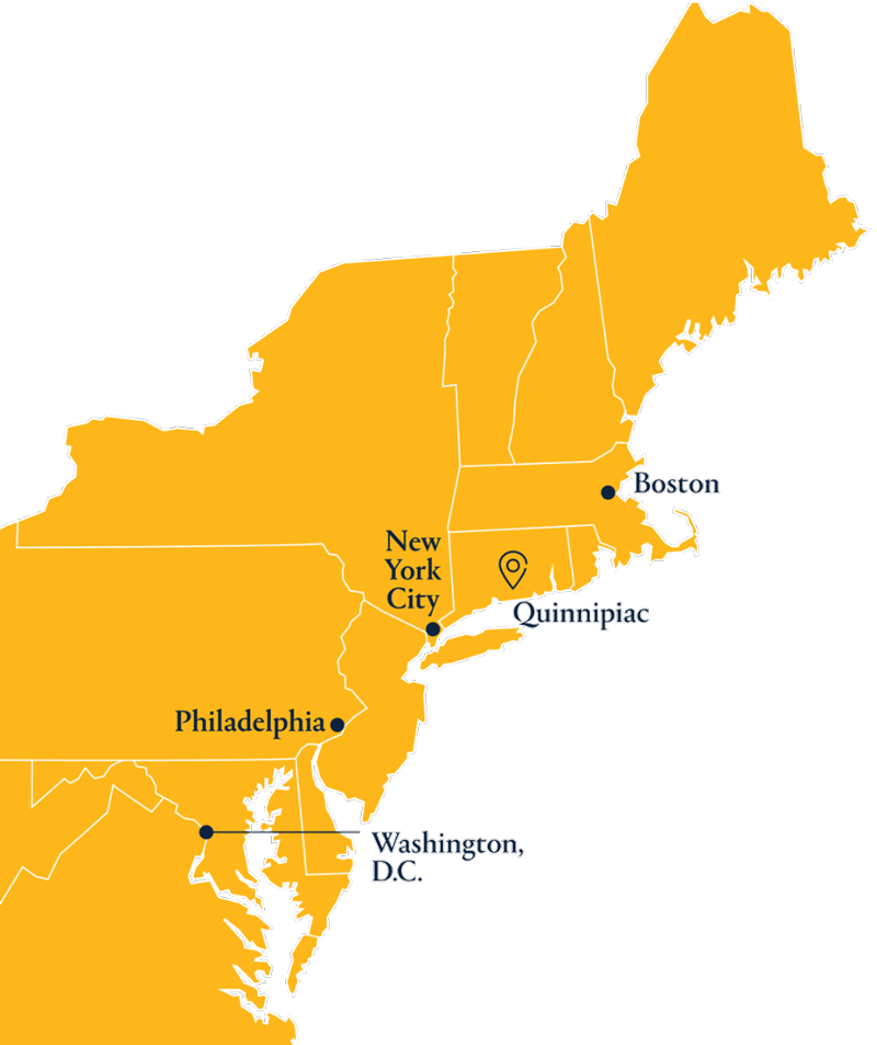 Map of Quinnipiac between New York City, Boston, Washington DC and Philadelphia