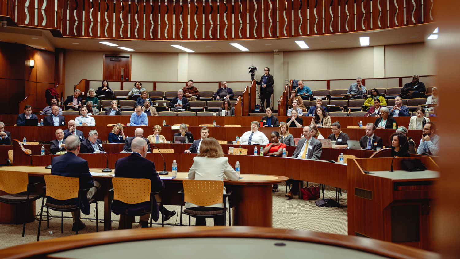 A panel discussion at the Quinnipiac University Ceremonial Courtroom.